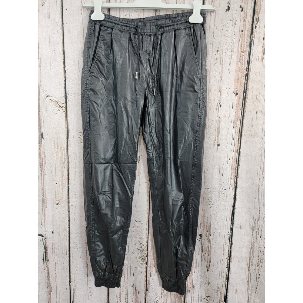 ZARA Womens XS Faux Leather Black Jogger Pants Mid-Rise Stretch Waist‎ EUC
